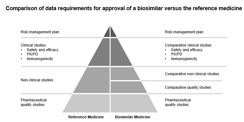 Comparison of data requirements for approval of a biosimilar versus the reference medicine