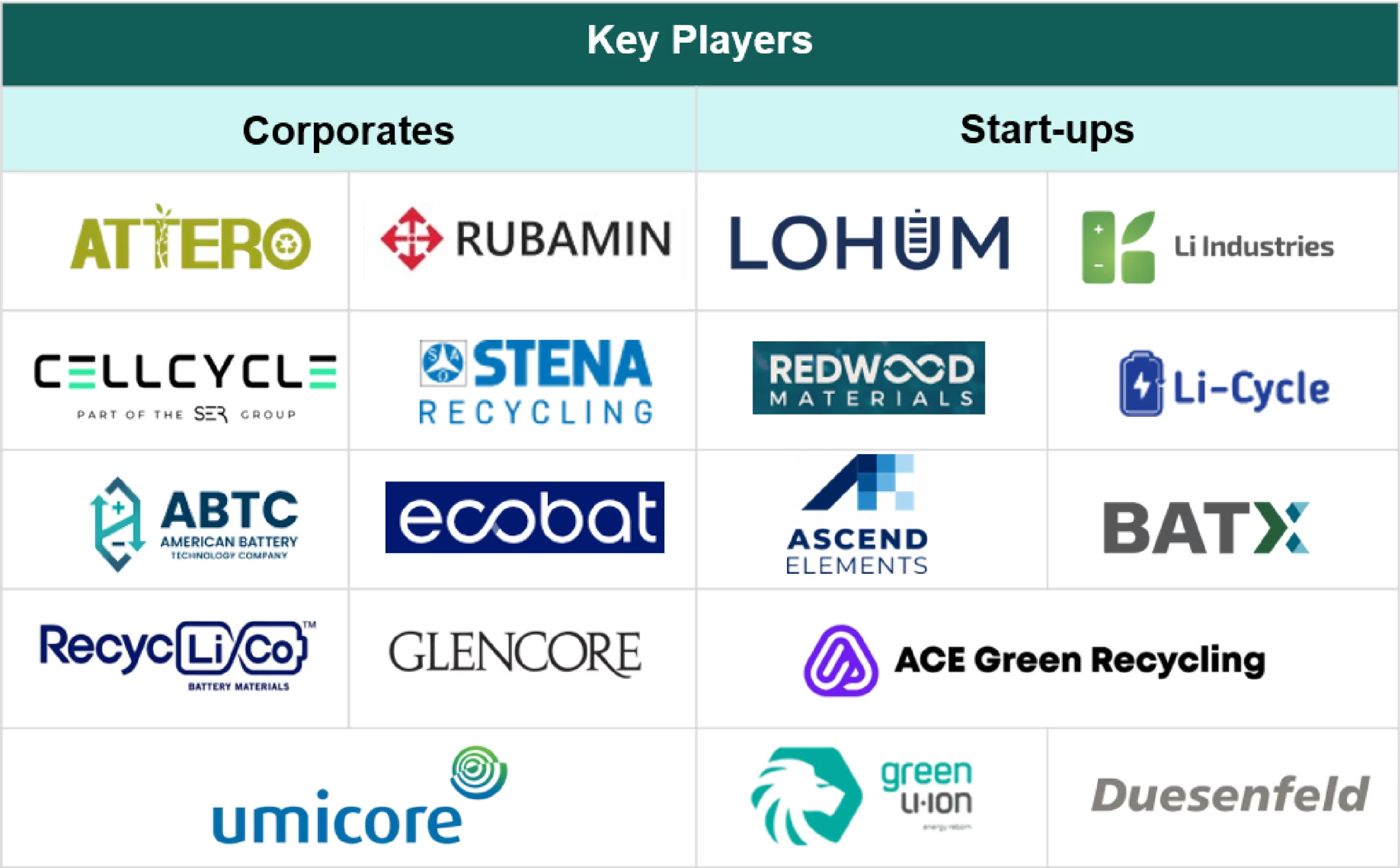Corporations and Startups in the EV battery recycling industry