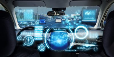 Cockpit of futuristic autonomous car.