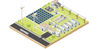 hydrogen microgrid with wind turbine and solar cell in isometric graphic