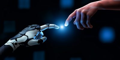 Robot hand making contact with human finger on dark blue background. Business communication and Innovation technology concept. 3D illustration rendering