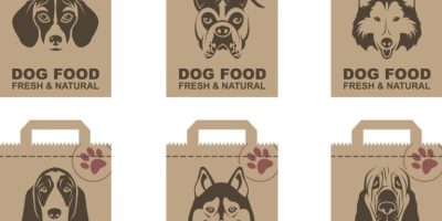collection of various food packages with dogs heads