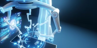 Robot surgeon, robotic equipment. Minimally invasive surgical innovation with three-dimensional overview. technology, the future of medicine, surgeon. 3D render, 3D illustration.