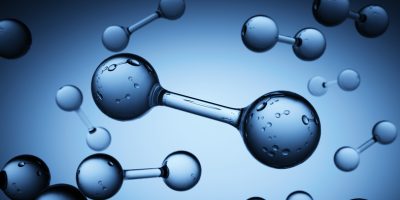 Abstract multiple molecules float in blue clear background with transparent bubbles inside