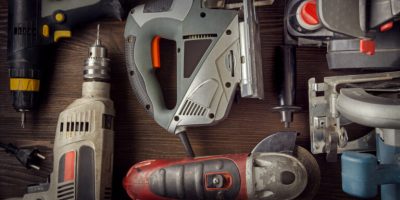 Electric hand tools (screwdriver Drill Saw jigsaw jointer) photo processing: instagram top view