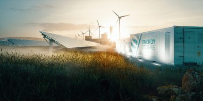 Smart grid renewable energy system solution for future smart cities at sunset. 3d rendering