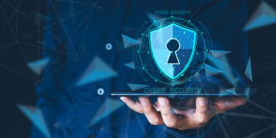Data or network protection, business people press shield icon, virus security. Data protection and insurance Business security concepts, information security against virus. binary number 1010.